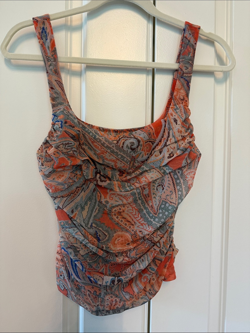 L'AGENCE Orange and Gray-Blue Paisley Ruched Camisole
